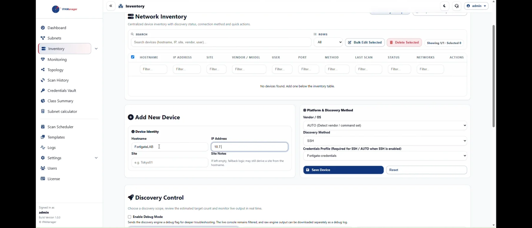 Inventory Add New Device form with hostname, IP address, vendor, discovery method, and credential profile fields.
